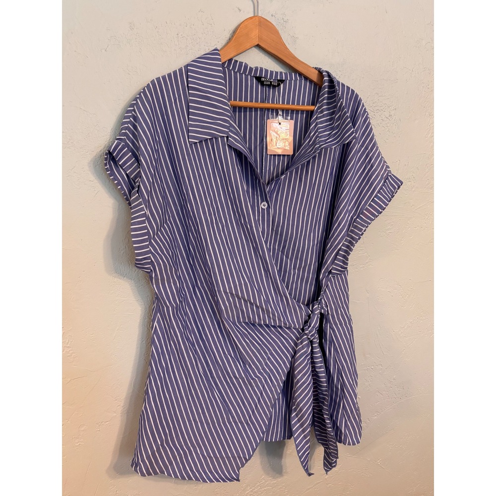 Bloom Chic Blue White Striped Wrap Tie Front Short Sleeve Blouse Plus Size 18-20